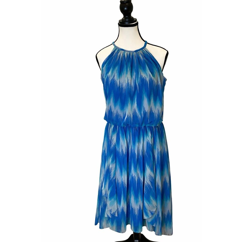 London Times Size 4 Blue Ikat Halter Sleeveless Flowy Dress Layered
